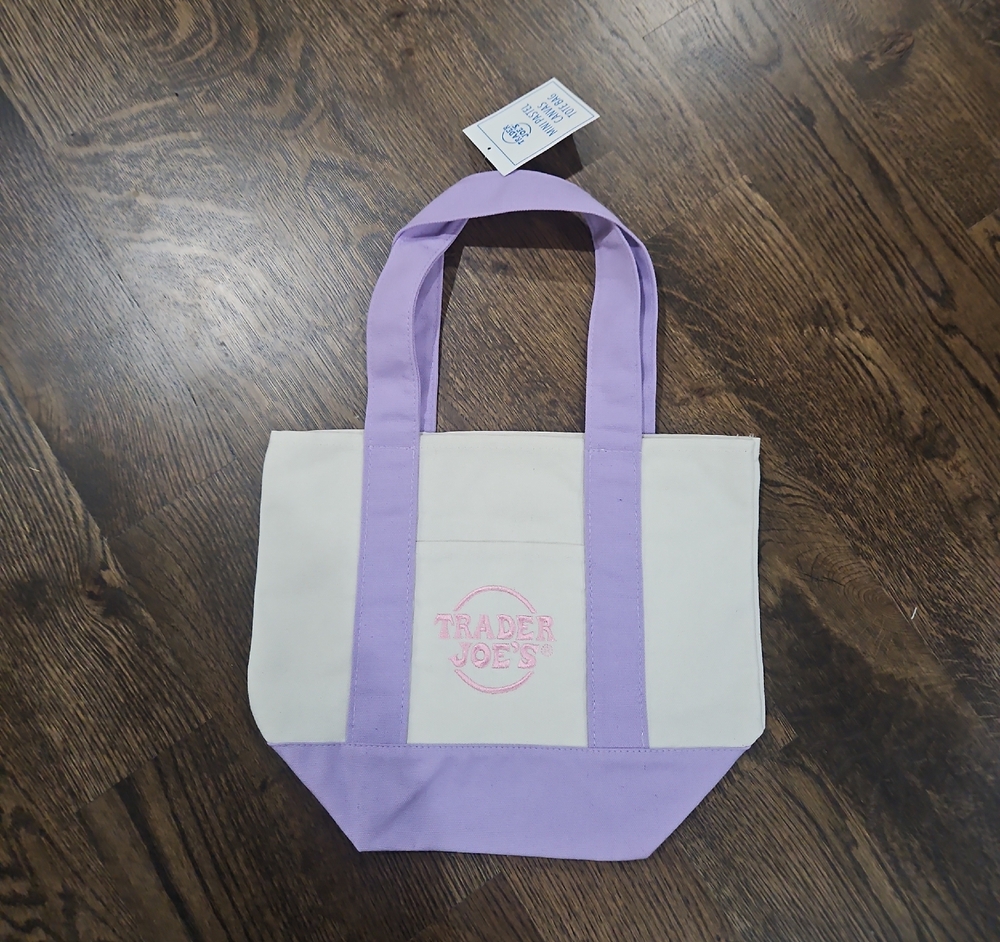 MINI Trader Joe's Lilac And Pink Logo Canvas Tote--- SHIPS NEXT DAY